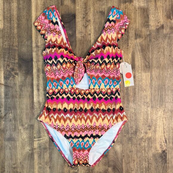 Boden Anthropologie Women’s Ikat Cap Sleeve Tie Cut Out One-Piece Swimsuit Small - Picture 4 of 9